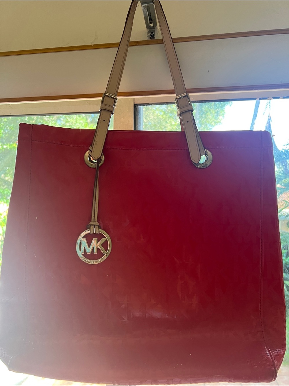 Michael Kors Red Tote with Beige Straps and MK Charm - Picture 1 of 5